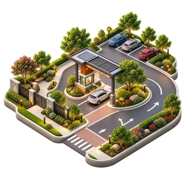 Total Environment Butterfly of Dreams residential arrival with internal driveway, pedestrian path and planted edges