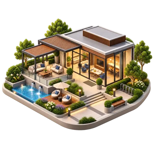 Total Environment Butterfly of Dreams community clubhouse with gathering pavilion, outdoor seating and landscaped edges