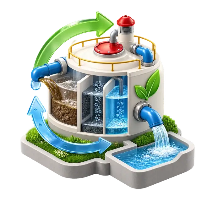 Total Environment Butterfly of Dreams sewage-treatment system with processing tanks and treated-water reuse pipes
