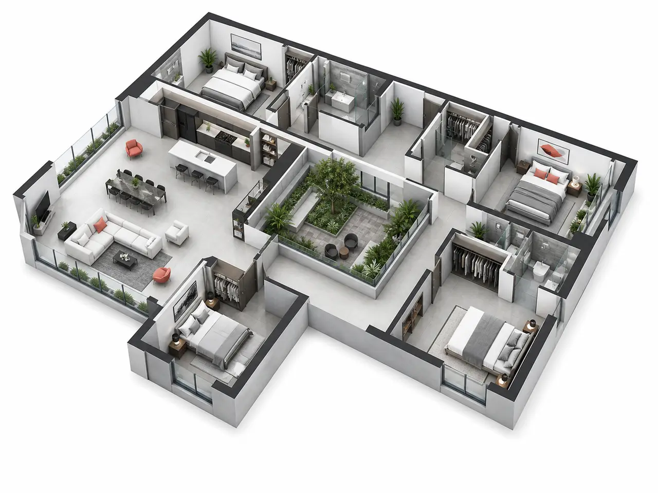 Generic four-bedroom apartment cutaway arranged around a planted internal court