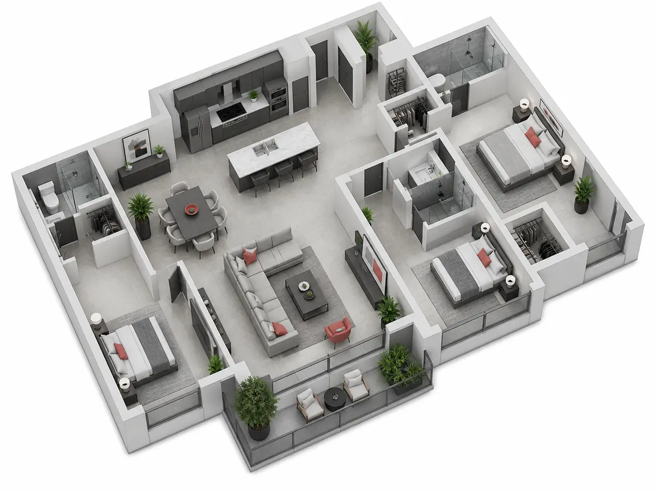 Generic three-bedroom apartment cutaway with living, dining and kitchen spaces